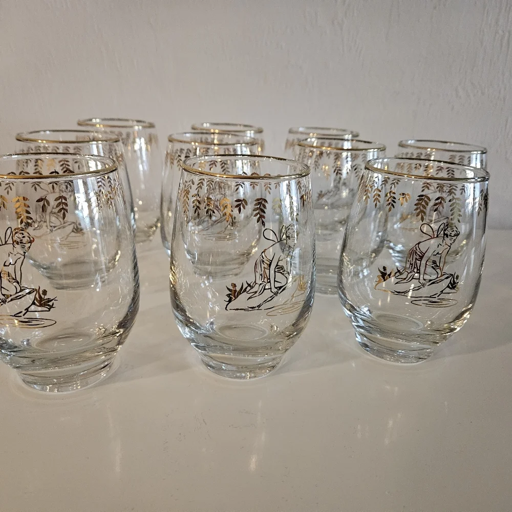 VTG 1950s LIBBEY White Rock Girl Gold Painted Stemless Glasses | Set of 10